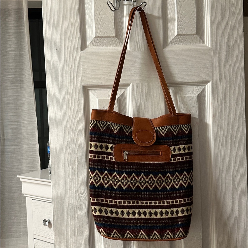 Tribal Pattern Tote Bag with Brown Straps